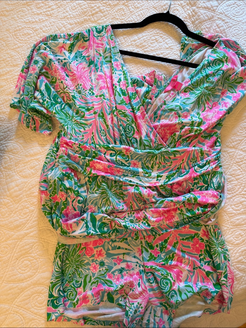 Lilly Pulitzer Pink & Green Floral Romper with sewn in shorts - Picture 3 of 3